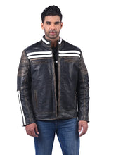 Men’s Black Leather Jacket with White Stripes Front