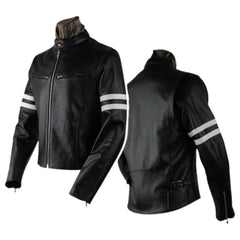Men’s Black Leather Jacket with White Stripes