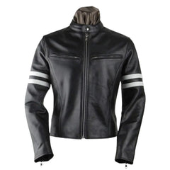 Men’s Black Leather Jacket with White Stripes