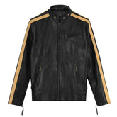 Men’s Black Leather Jacket with Yellow Stripes