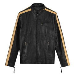 Men’s Black Leather Jacket with Yellow Stripes