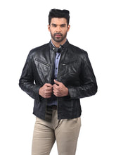 Men’s Black Leather Jacket with Zip Chest Pockets Front