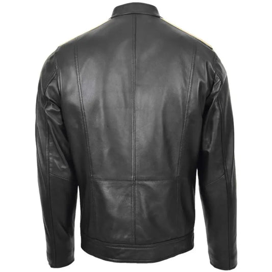 Men's Black Leather Racing Stripes Biker Jacket