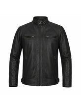 Men's Black Leather Snap-tab Collar Jacket Front