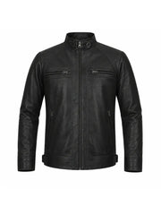 Men's Black Leather Snap-tab Collar Jacket Front
