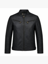Men's Black Leather Zip Chest-Pocket Jacket Front
