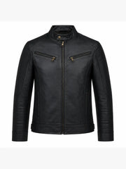 Men's Black Leather Zip Chest-Pocket Jacket Front