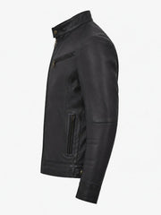 Men's Black Leather Zip Chest-Pocket Jacket Left
