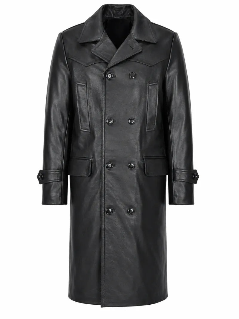 Men's Black Long Leather Coat