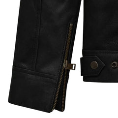 Men’s Simple Black Leather Jacket with Epaulets