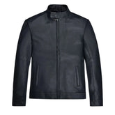Men’s Black Minimalist Snap-Tab Collar Leather Jacket