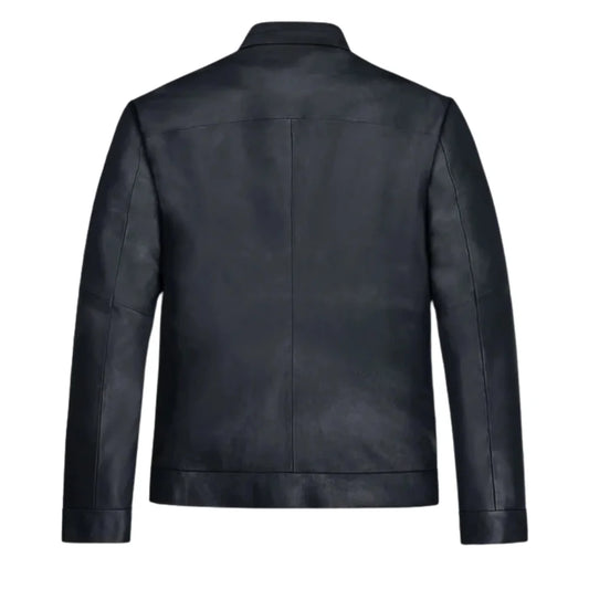 Men’s Black Minimalist Stand Collar Leather Jacket