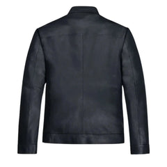 Men’s Black Minimalist Stand Collar Leather Jacket