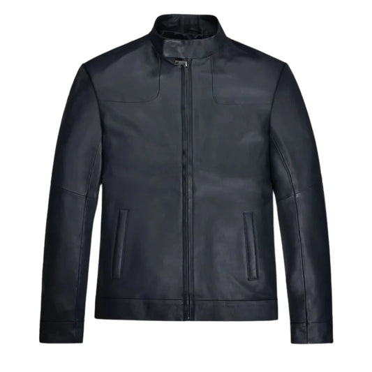 Men’s Black Minimalist Stand Collar Leather Jacket