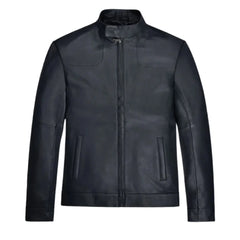 Men’s Black Minimalist Stand Collar Leather Jacket
