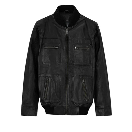 Men’s Black Multi-Pocket Leather Bomber Jacket