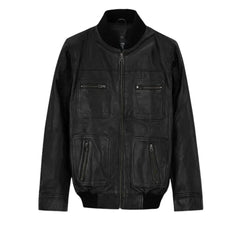 Men’s Black Multi-Pocket Leather Bomber Jacket
