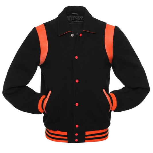 Men's Black Orange Leather Sleeves Varsity Jacket