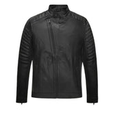 Men’s Black Quilted Shoulder Leather Jacket with Asymmetric Zipper