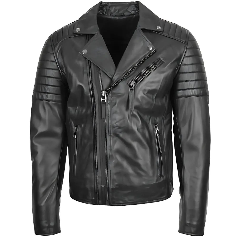 Men's Black Quilted Sleeve Asymmetrical Leather Biker Jacket