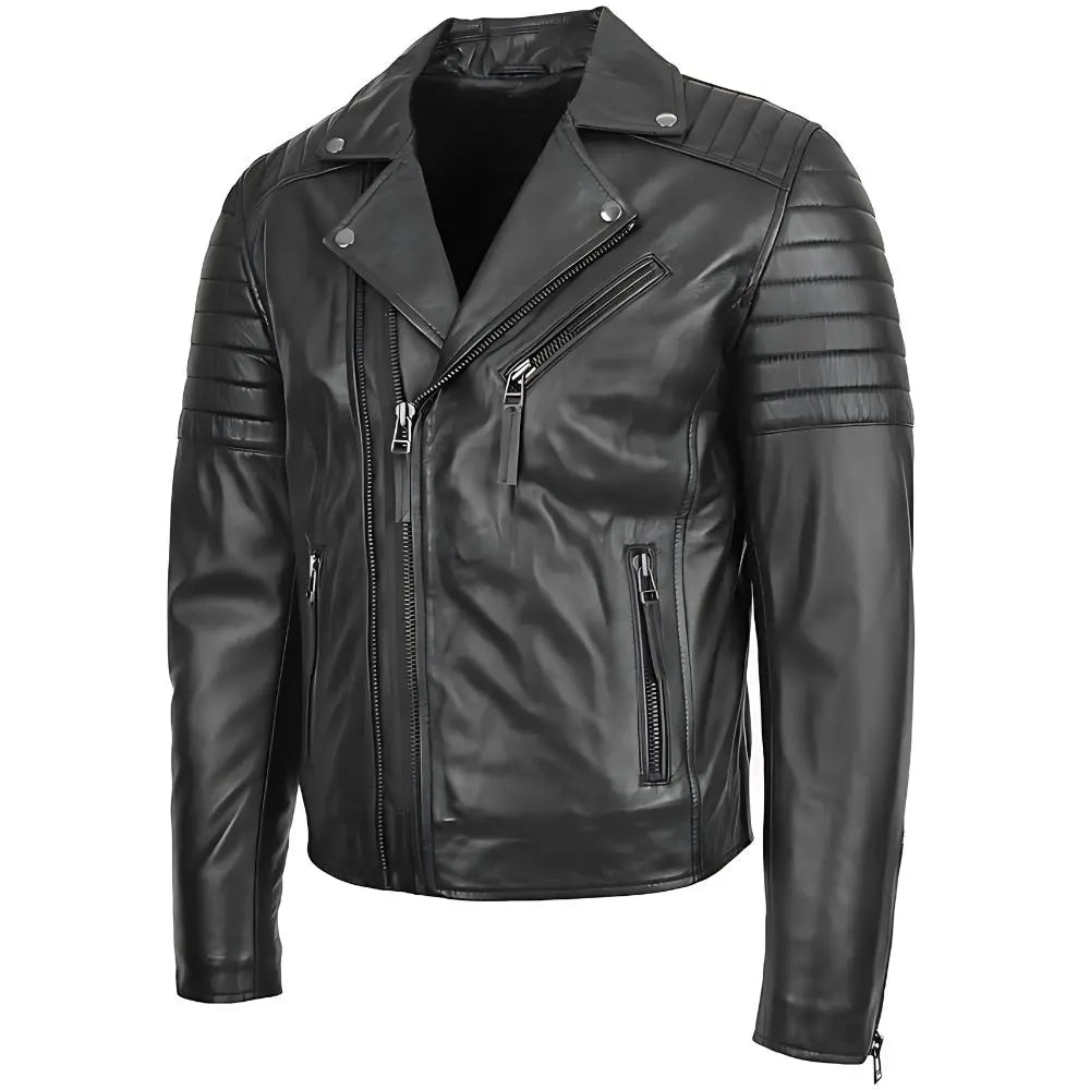 Men's Black Quilted Sleeve Asymmetrical Leather Biker Jacket
