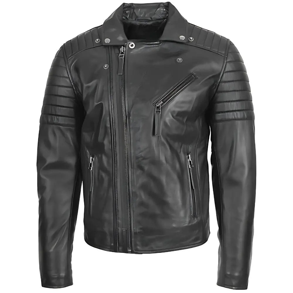 Men's Black Quilted Sleeve Asymmetrical Leather Biker Jacket