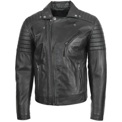 Men's Black Quilted Sleeve Asymmetrical Leather Biker Jacket