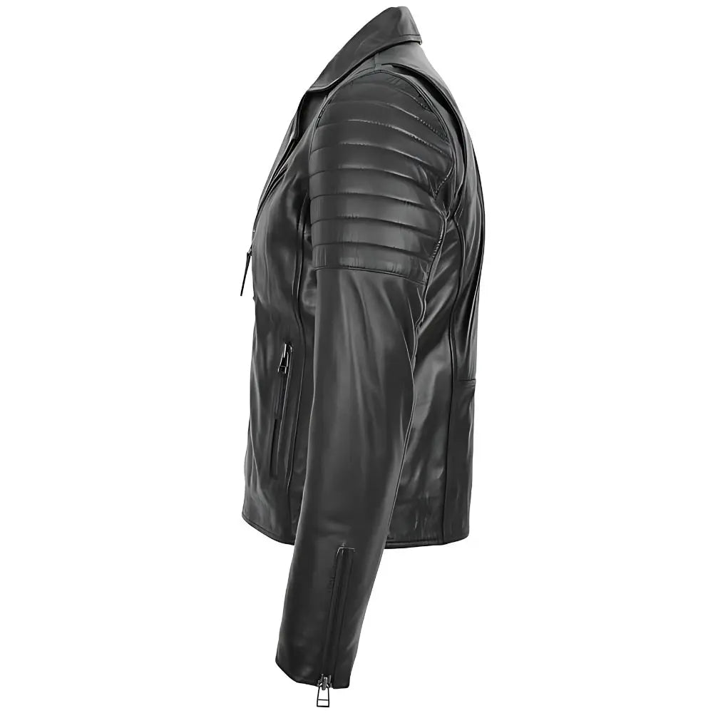 Men's Black Quilted Sleeve Asymmetrical Leather Biker Jacket