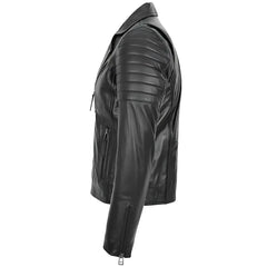 Men's Black Quilted Sleeve Asymmetrical Leather Biker Jacket