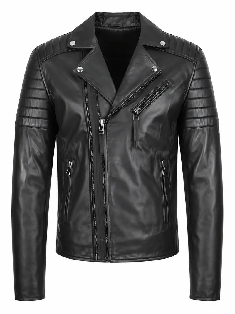 Men's Black Quilted Sleeve Asymmetrical Leather Jacket, front view