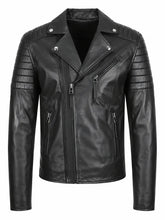 Men's Black Quilted Sleeve Asymmetrical Leather Jacket, front view