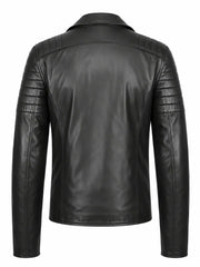 Men's Black Quilted Sleeve Asymmetrical Leather Jacket, collar detail