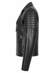 Men's Black Quilted Sleeve Asymmetrical Leather Jacket, side view