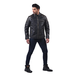 Men’s Black Real Leather Zip Front Casual Outerwear Jacket