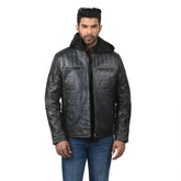 Men’s Black Real Leather Zip Hood Jacket