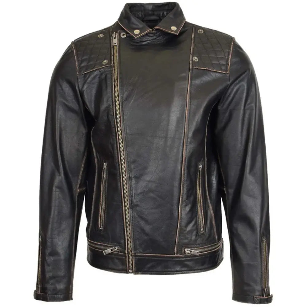 Men’s Black Retro Asymmetrical Leather Biker Jacket