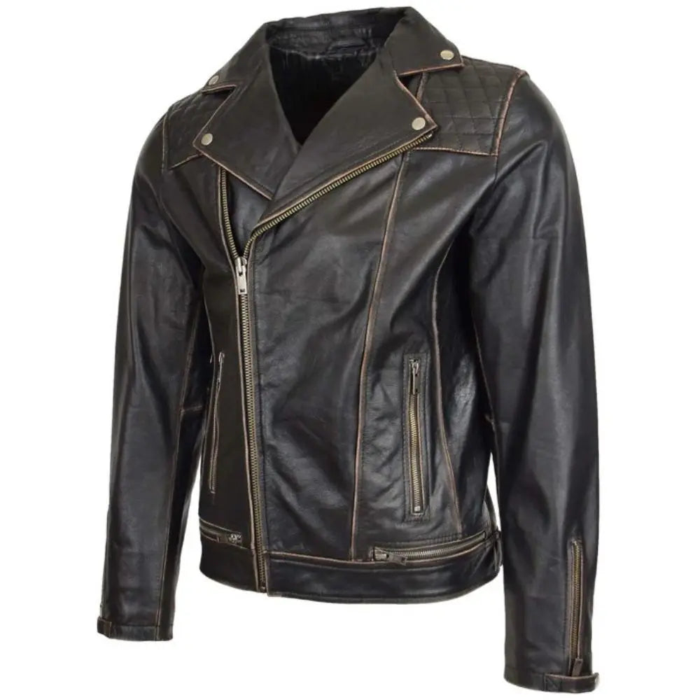 Men’s Black Retro Asymmetrical Leather Biker Jacket