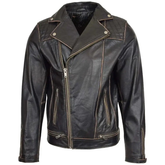 Men’s Black Retro Asymmetrical Leather Biker Jacket