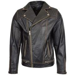 Men’s Black Retro Asymmetrical Leather Biker Jacket