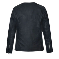 Men’s Black Round Neck Minimalist Leather Jacket