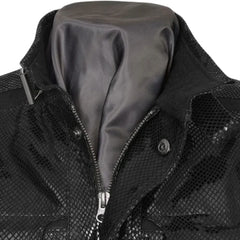 Men’s Black Snakeskin Textured Leather Belted Jacket