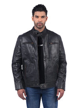 Men’s Black Zip Pocket Leather Jacket Front