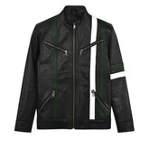 Men’s Black and Green Striped Leather Jacket with White Detail
