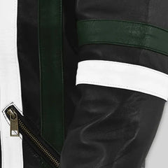 Men’s Black and Green Striped Leather Jacket with White Detail