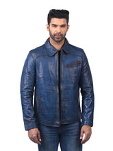 Men’s Blue Leather Jacket with Shirt Collar Front