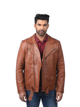 Men’s Brown Belted Leather Jacket Front