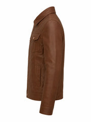 Men’s Brown Button-Up Leather Jacket Left