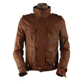 Men’s Brown Four-Pocket Belted Leather Jacket