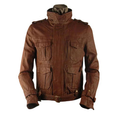 Men’s Brown Four-Pocket Belted Leather Jacket