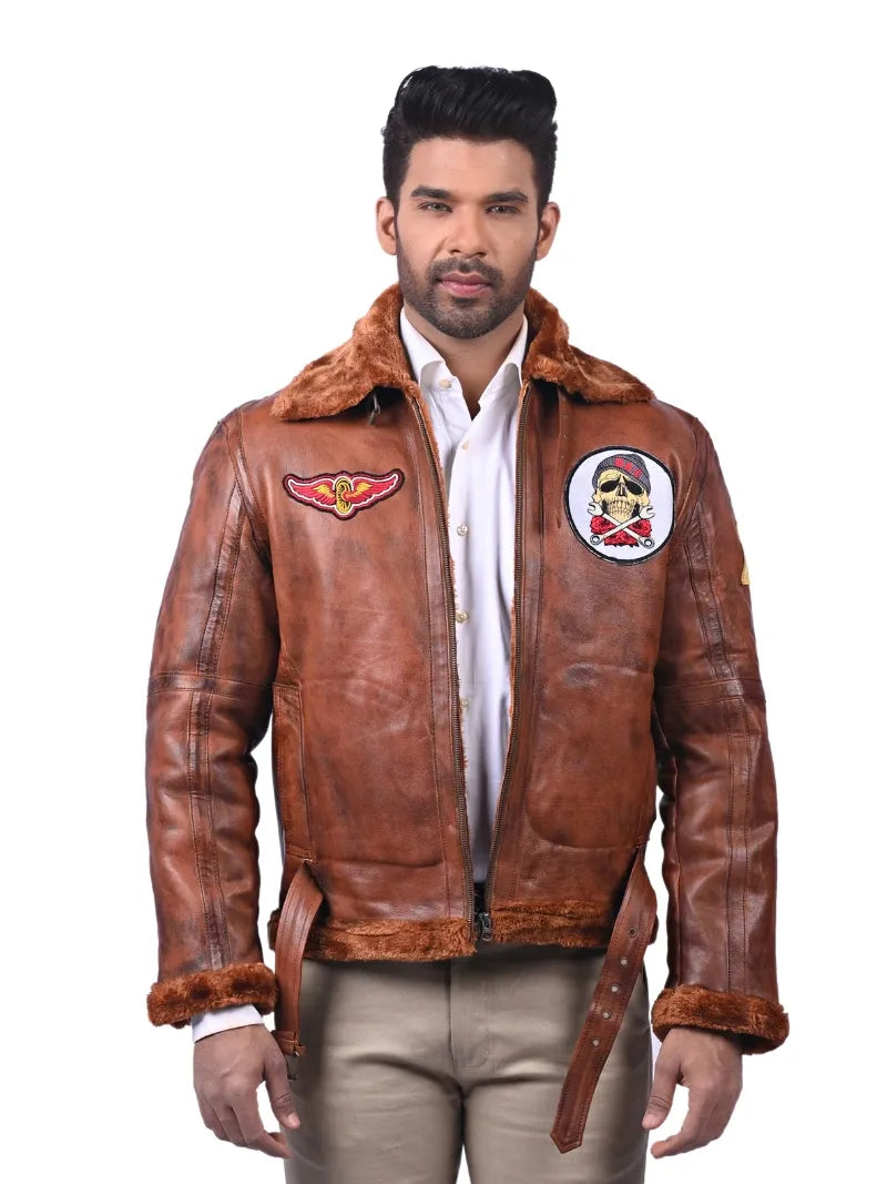 Men’s Brown Fur Collar Leather Jacket Front